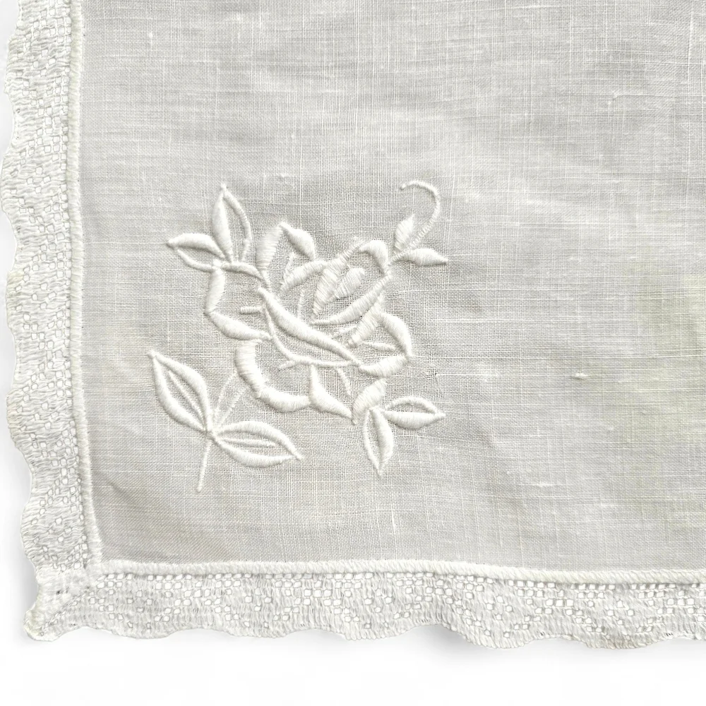 Vintage White Linen Handkerchief or Napkin – Embroidered Floral Lace 17x17